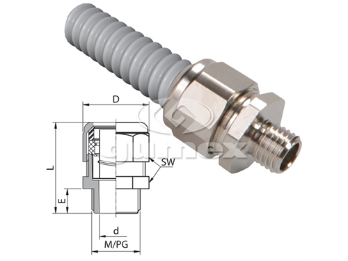 Konektor AU 159M pro chráničky WELLFLEX PVC 111/PUR 118, vnější závit M10x1, rozměr koncovky 10mm, IP54, -10°C/+110°C, poniklovaná mosaz